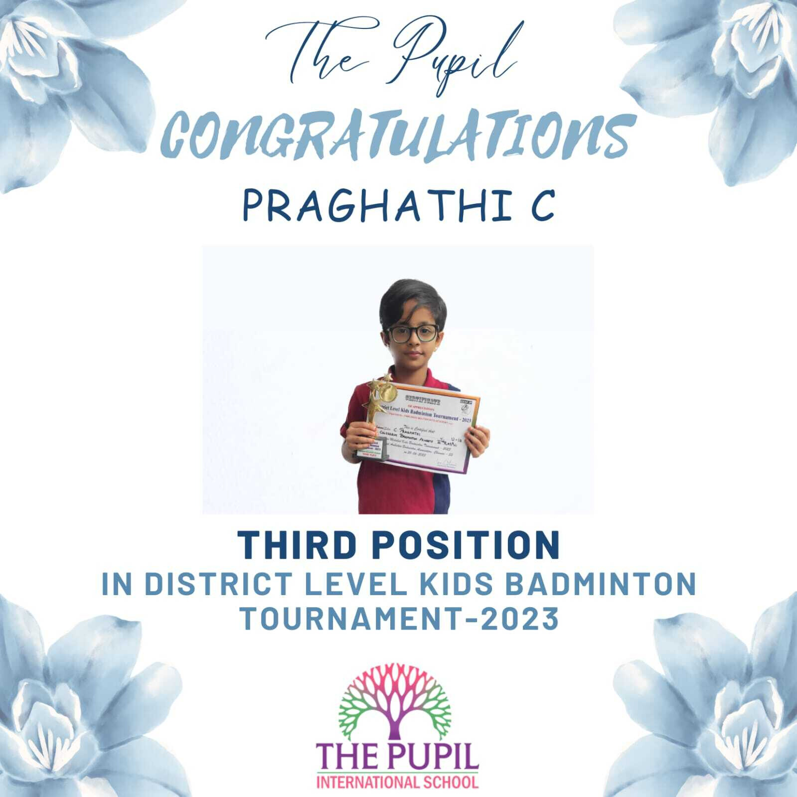 Achievement of C. Praghathi's  in the District Level Badminton kids Tournament 2023